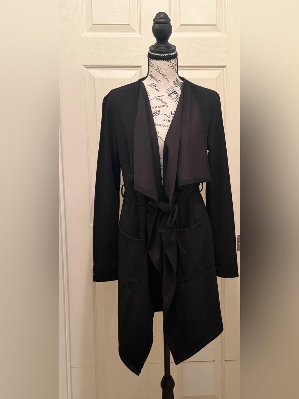 Black Draped Open Front Cardigan with Tie Waist